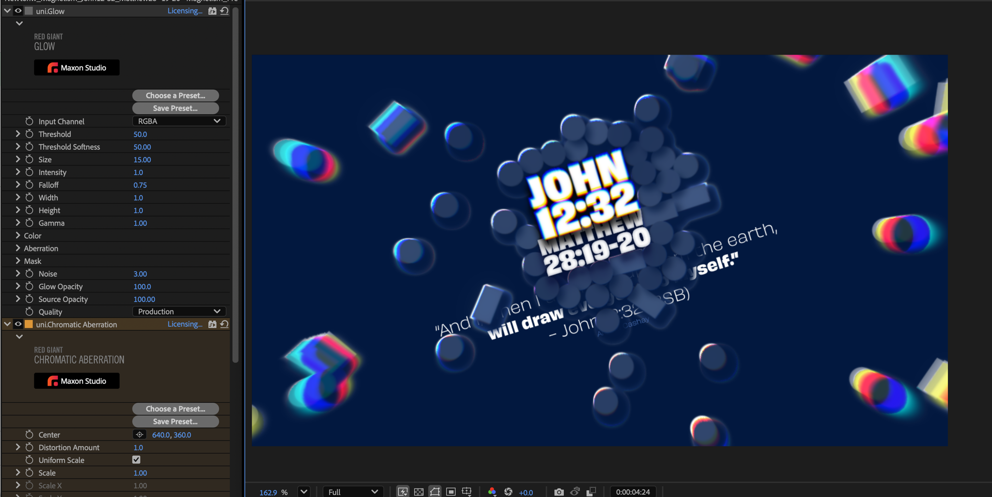 Finishing in After Effects: Glow and Chromatic Aberration give the shapes their colored edges.
